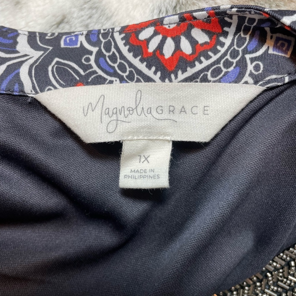 Magnolia Grace Elegant Dark Grey and Orangish Red Patterned Midi Dress - Picture 8 of 9